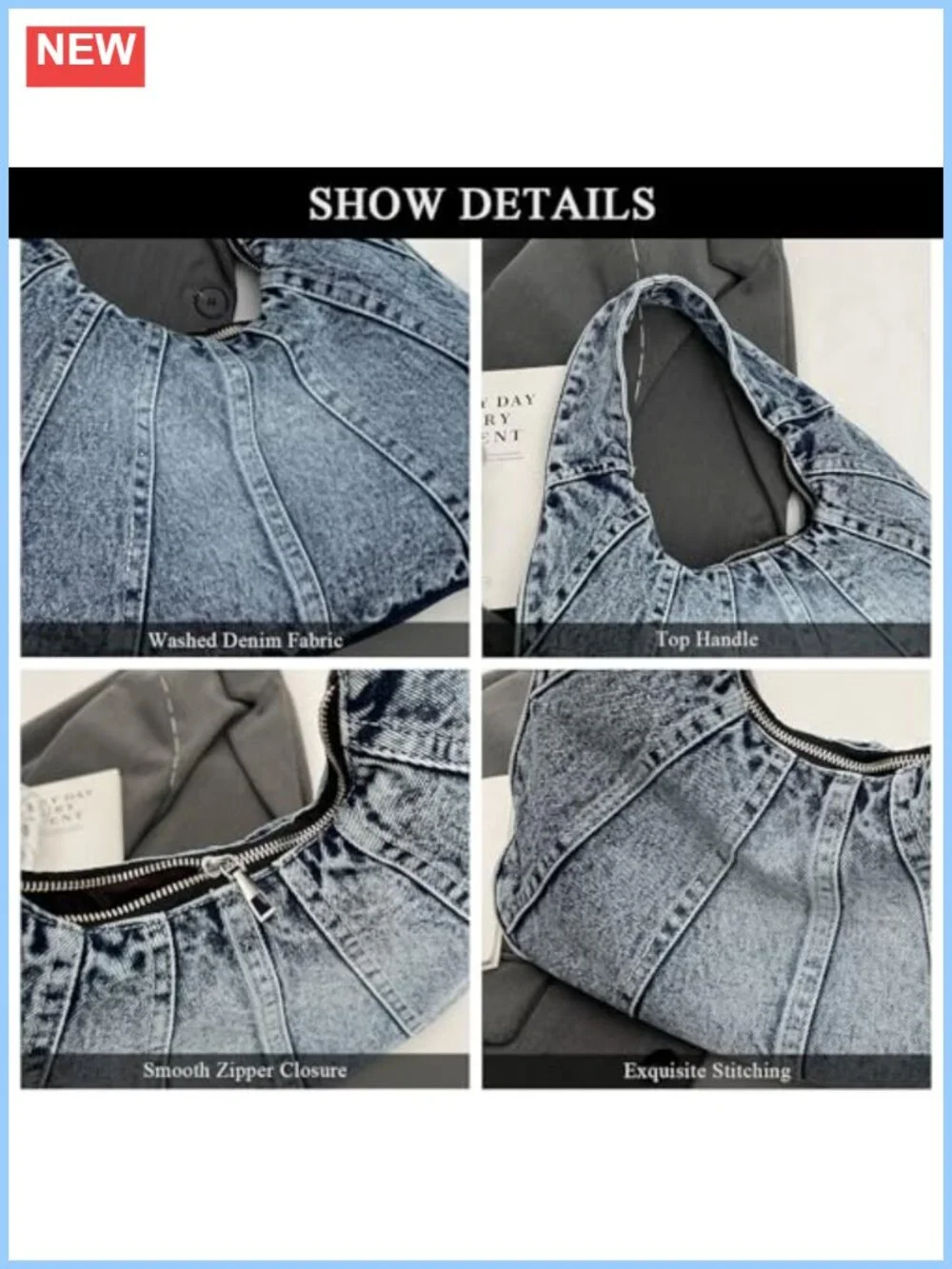 Denim Hobo Tote Bag Large Shoulder Purse Zip Closure